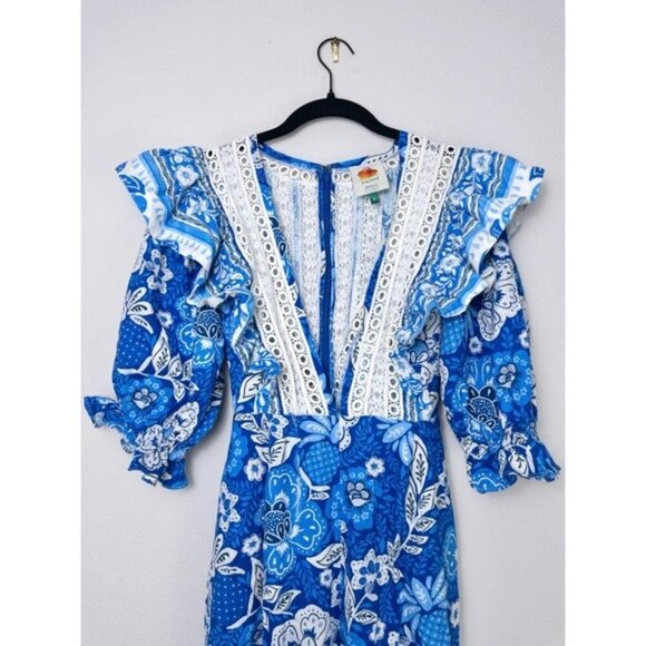 Farm Rio Full of Flowers Linen Ruffle Jumpsuit S Floral Lace Belted Vneck - Picture 8 of 13